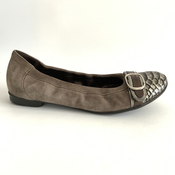 AGL Ballet Flats Size 37 Taupe Pewter Snake Cap-toe Buckle Front Shoe - Picture 2 of 12